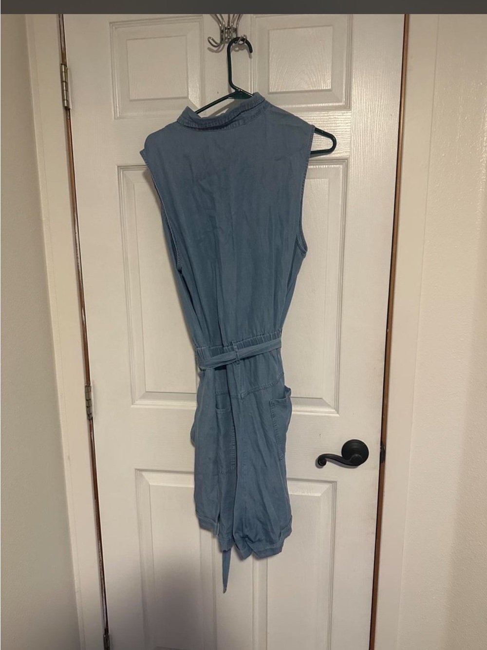 Sleeveless Light Blue Jean Casual Belted Romper